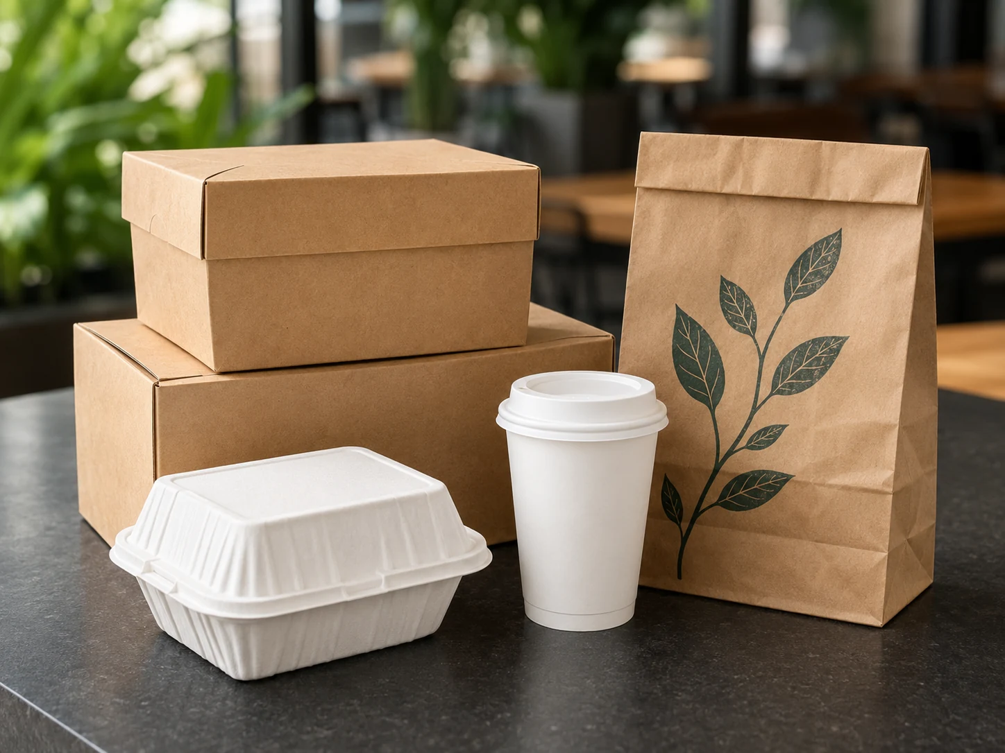 A coordinated range of food boxes, cups and paper bags