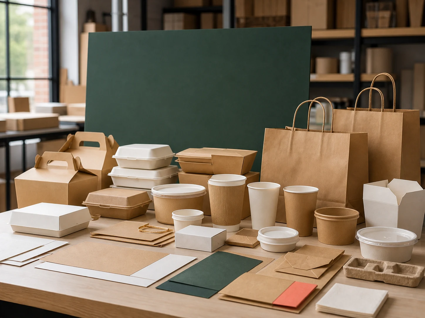 Food packaging project workspace with boxes, cups and paper bags