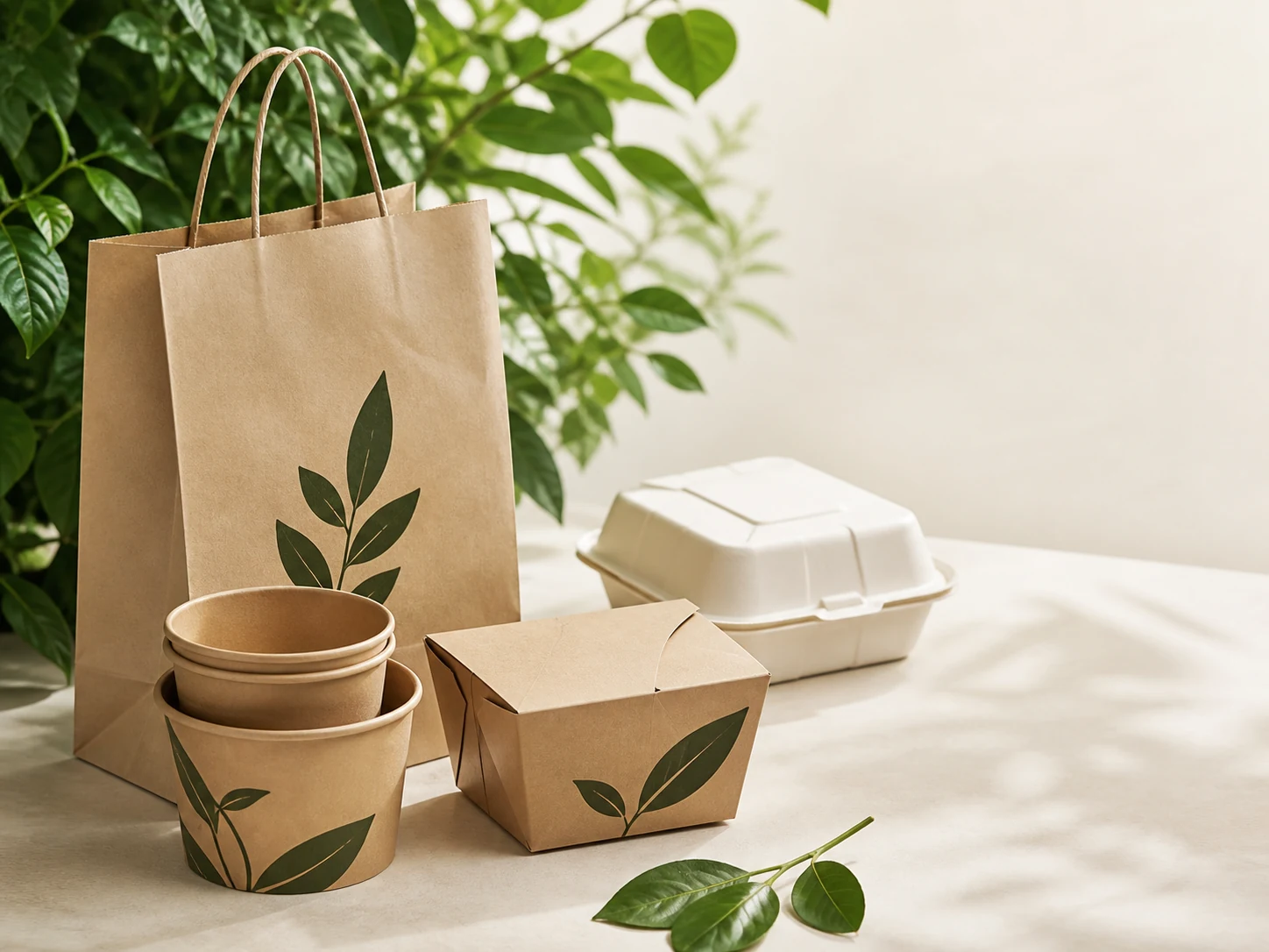 Kraft paper food packaging arranged with green leaves