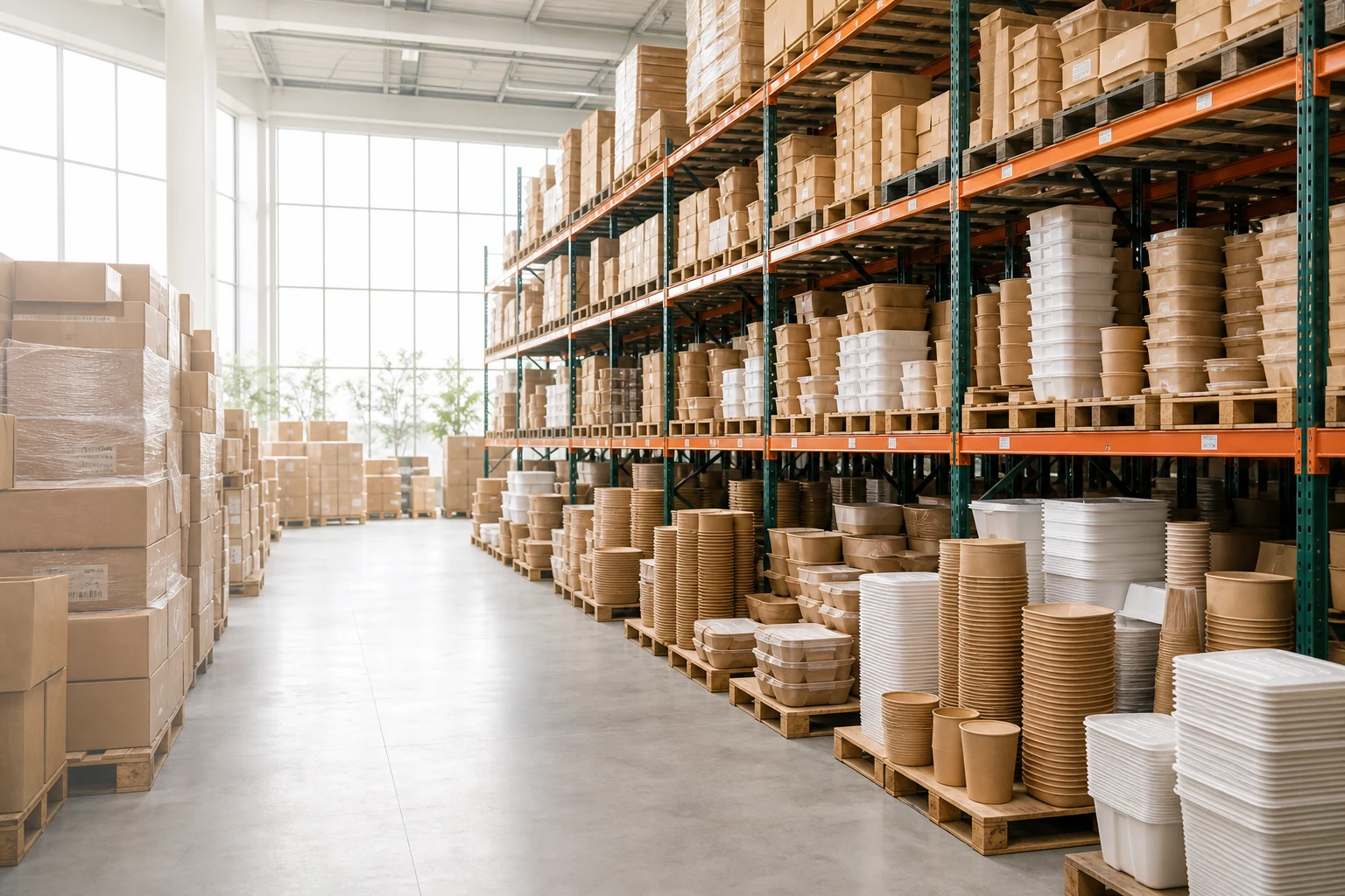 Food packaging warehouse with organized paper boxes, cups and containers