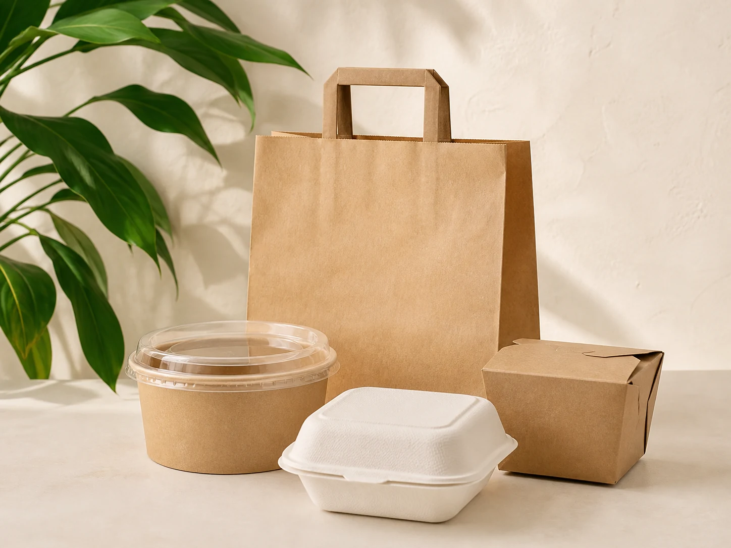 Kraft food boxes, bowl and paper bag