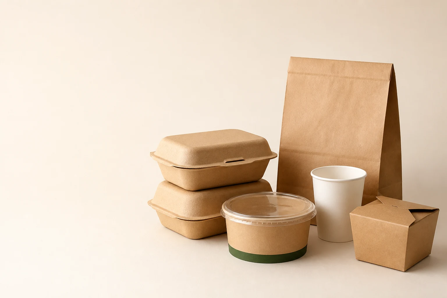 Kraft takeout containers, paper cup and paper bag for a packaging project